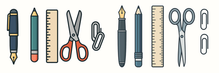 Variety of essential stationery items for education and work, such as fountain pens, pencils, rulers, scissors, and paper clips