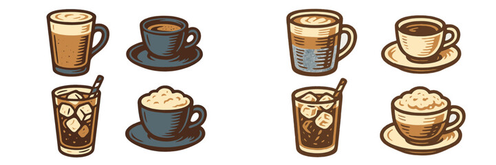 Set of classic and modern coffee preparations featuring hot and cold drinks in various serving vessels
