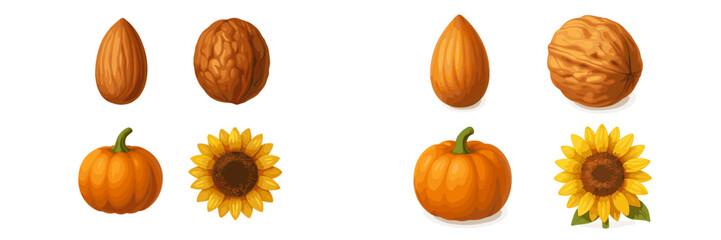 Colorful autumn harvest elements with fresh almonds, walnuts, orange pumpkins, and yellow sunflowers