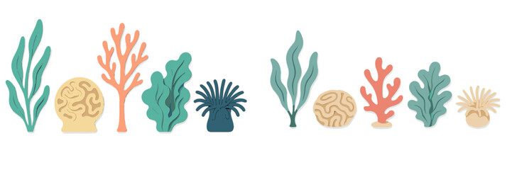 Vibrant marine life elements with coral reef, seaweed, and anemones in a layered paper cut style, showcasing a beautiful underwater ecosystem and aquatic flora