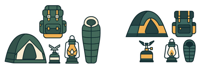 Set of essential camping and outdoor adventure equipment including tents, backpacks, sleeping bags, lanterns, and stoves