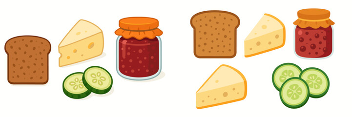 Delicious breakfast and snack ingredients assortment featuring bread, cheese, fruit jam, and fresh cucumber slices