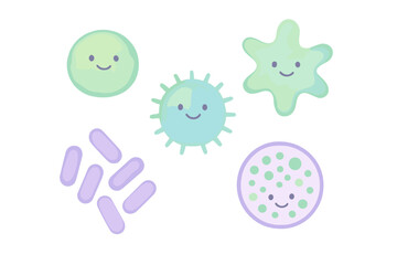 Cute smiling microbes, bacteria, viruses, and amoeba in a diverse collection of shapes and forms, representing microscopic life