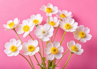 Delicate white flowers with yellow centers and slender stems amidst lush green foliage