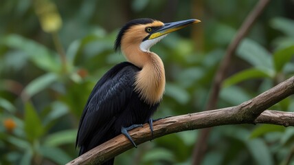 Bird perched on branch in lush foliage