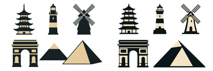 Famous global landmarks and structures in silhouette