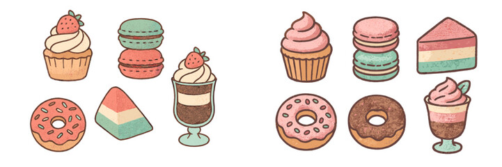 Assortment of colorful sweet desserts and pastries with pastel colors