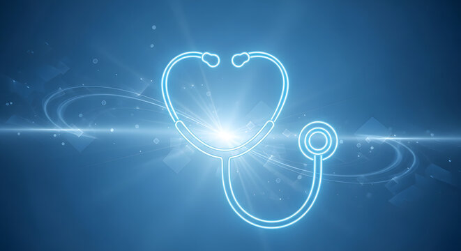 Digital health concept with a glowing stethoscope on a futuristic medical background representing medical innovation and technology