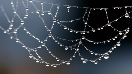 Intricate spider web adorned with dewdrops glistening in the early morning light
