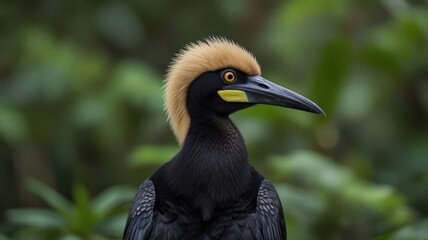 Close-up of a black bird with a golden crest
