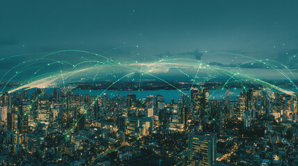 Obraz premium Twilight a city of modern business and smart digital innovation with a network of interconnected rewards over the cityscape of the future smart wireless digital city and social media network