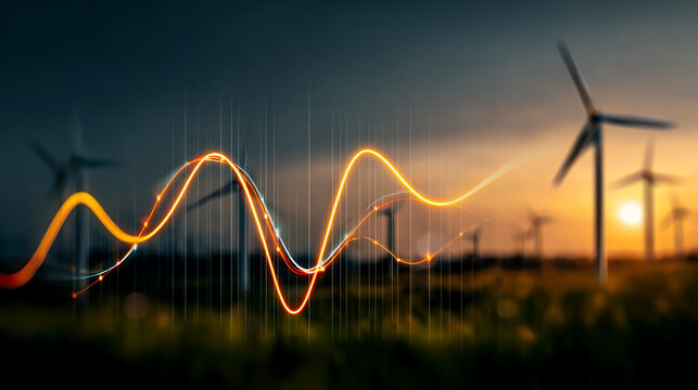 A digital graph of energy marketing, set against the backdrop of wind turbines and green fields under a sunset light