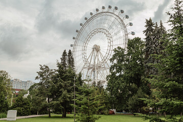 A panoramic view of a large Ferris wheel amidst lush trees, capturing the essence of fun and leisure in an urban park