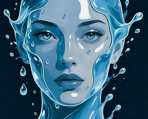 Digital art of a serene woman made of liquid water, with droplets and waves forming her facial contours. Ethereal blue tones embody purity, calmness, and flow.