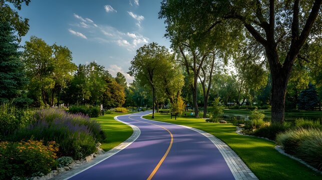 Wide-angle shot of a modern, purple and blue jogging and cycling path curving through a lush green park, promoting an active, healthy lifestyle.