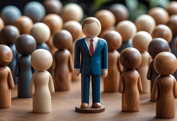Single leader figure in a blue suit elevated on a round pedestal among a crowd of wooden figurines, symbolizing recognition and success.