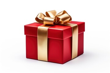 Obraz premium Matt red gift box ribbon gold white background.