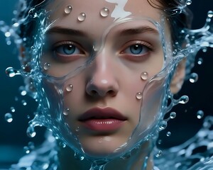 Water splash portrait A hyper-realistic image of a woman’s face surrounded by flowing water and droplets, merging human expression with liquid movement.