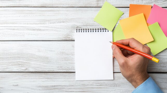 A hand holding a red pencil is poised above a blank notepad, surrounded by colorful sticky notes on a wooden surface.