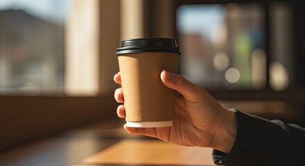 Hand Holding Disposable Coffee Cup in Sunny Cafe Window