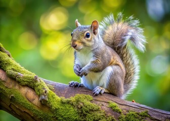 Fototapeta premium small grey squirrel sitting on a tree branch in a park