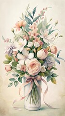 Obraz premium Delicate flowers in a beautiful arrangement with greenery and ribbons tied around the vase