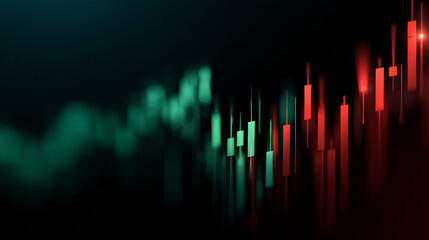 Abstract financial chart with red and green candlestick graph on dark background, stock market analysis concept showing trading and investment data visualization