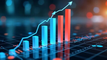 rising bar chart with arrow shows financial growth, digital business graph on futuristic dark background, concept of finance, investment, stock market analytics. - Powered by Adobe