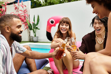 Young stylish friends enjoying quality time together at a vibrant pool party celebration