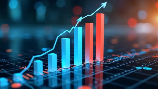 rising bar chart with arrow shows financial growth, digital business graph on futuristic dark background, concept of finance, investment, stock market analytics. - Powered by Adobe