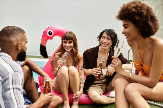 Stylish friends enjoy a lively moment together at a vibrant pool party on a sunny day