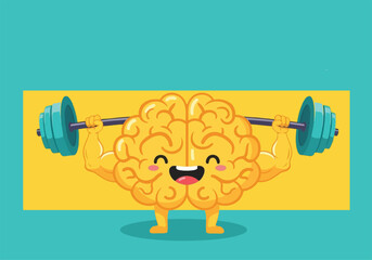 vector illustration of a happy brain character lifting a barbell for a World Mental Health Day theme of mental strength and resilience.