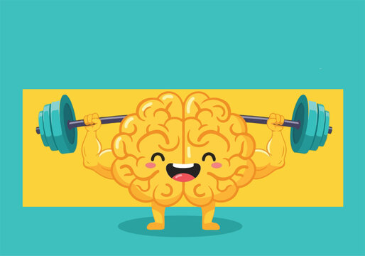 vector illustration of a happy brain character lifting a barbell for a World Mental Health Day theme of mental strength and resilience.