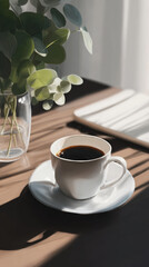 Cup of black coffee on wooden table near window with sunlight and green plant, peaceful morning scene in cozy minimalist home interior