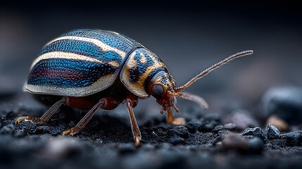 Fototapeta premium Extreme close-up, ground-level macro photo of a pill bug crawling over a rough asphalt surface, capturing the intricate details of the insect.