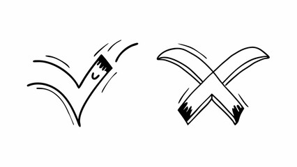 Hand drawn check mark and x mark symbols in black and white doodle style illustration vector design