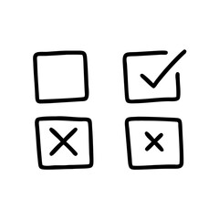 Four hand drawn square boxes showing a check mark and x marks indicating choices and selection process