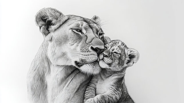 Lioness with cub pencil drawing on white background.