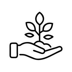 Hand holding soil with a young plant growing out of it in a line art style on a white background image