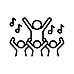 Outline illustration of a crowd cheering with a person being lifted up and music notes around them