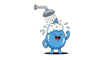 A cheerful blue water drop character enjoying a refreshing shower.
