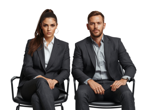 Confident business colleagues in professional attire isolated on transparent setting for diverse