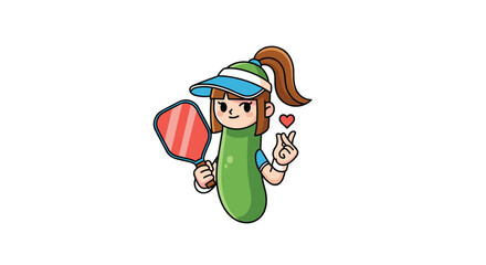 Pickleball playing girl with a cute pickle outfit and a paddle.