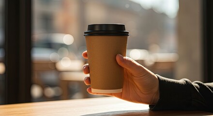 Hand Holding Brown Coffee Cup in Cafe with Sunny Window