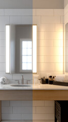 Modern bathroom interior with illuminated mirror showing cool and warm light comparison, stylish vanity sink and organized counter in elegant home design