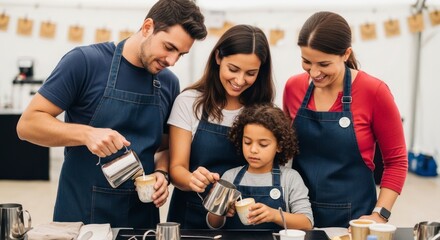 Obraz premium Family Latte Art Workshop: A Joyful and Warm Coffee Experience
