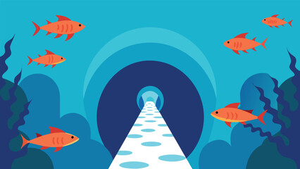 Obraz premium Playful sea creature and fish underwater chase scene vector illustration