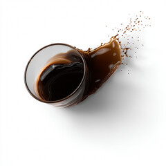 Coffee cup tipping over with liquid spilling out, black beverage splash on white background, dynamic drink motion with droplets, espresso or tea accident scene
