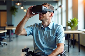 Disabled Businessman Utilizing Virtual Reality Headset in a Contemporary Office Environment While Seated in a Wheelchair