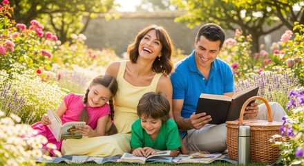 Fototapeta premium Happy Family Reading in a Vibrant Garden: A Joyful Summer Scene